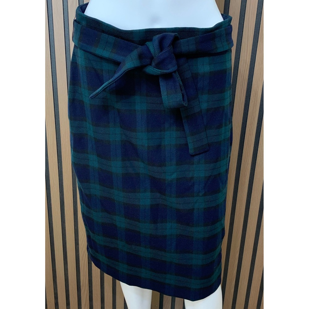 Ann Taylor Women's Plaid Pencil Skirt Blue Green Black Watch Tie Waist Size 6